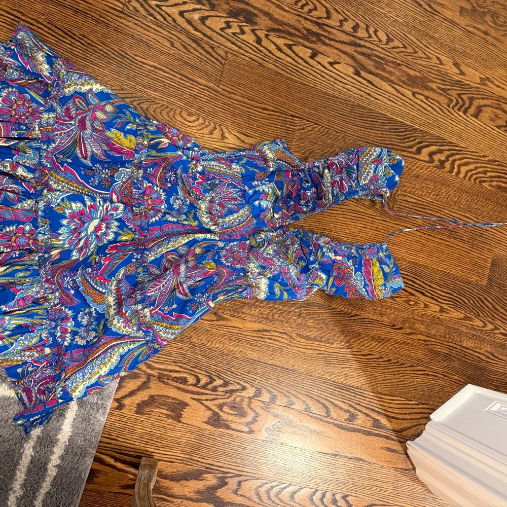 Blue Paisley V-Neck Women's Dress - Picture 2 of 6